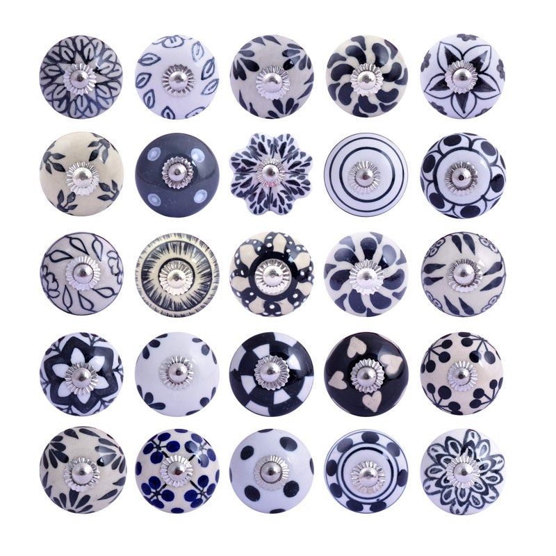 FOLK CRAFT Dresser Knobs for Drawers - Set of 25 Ceramic Cabinet Pull Handle Kitchen Cupboard Wardrobe Knob Boho Room Decorative Furniture Hardware - Black and White - Image 2